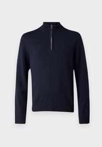 Maglione pullover blu navy con colletto alto, apertura frontale a zip quarti, polsini e orlo a coste, realizzato in morbido materiale a maglia, con un piccolo logo.