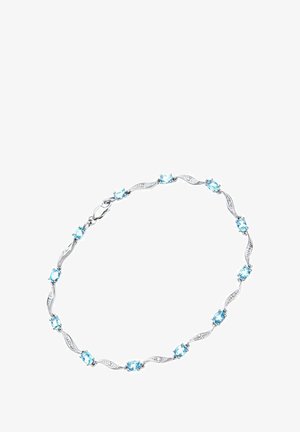 Bracelet en argent avec un design ondulé, mettant en valeur des gemmes bleu clair et de petits accents en diamant, créant une apparence délicate et élégante.