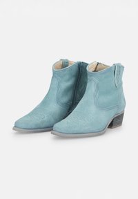Stivaletti alla caviglia in suede verde acqua con punta affusolata e tacco basso e impilato. Presentano cuciture intricate e una cerniera laterale per la chiusura.
