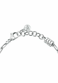 Bracciale in argento con design a catena collegata, dotato di chiusura a granchio, ornamento rotondo texture e dettagli a spirale per un tocco in più.