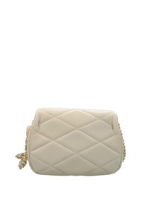 Borsa a tracolla in ecopelle beige trapuntata con catena dorata, di forma rettangolare e con dettagli di cuciture sulla superficie.
