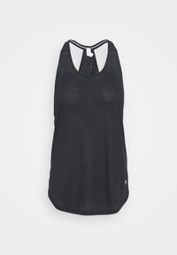 Svart atletisk linne med ett texturerat, andningsbart tyg. Har en racerback-design och en rundad nederkant. Litet logotyp längst ner.