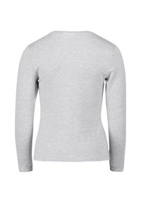 Grau langärmliges Oberteil aus einem weichen, elastischen Stoff. Verfügt über einen runden Ausschnitt und eine figurbetonte Passform, die eine glatte Textur zeigt. Schlichtes Design, keine Muster.