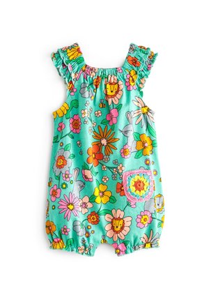 Türkisfarbener Baby-Strampler mit bunten Blumen- und Tiermotiven, Rüschenärmeln, elastischen Beinöffnungen und einer gehäkelten Tasche auf der rechten Seite.