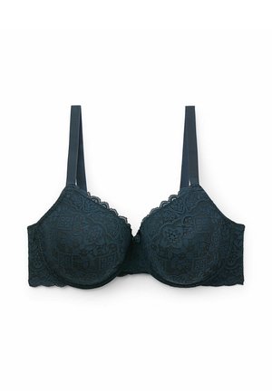 Donker teal kant beha met gevoerde cups, geschulpte randen en verstelbare bandjes. Bloemenpatroon overal, wat een delicate textuur biedt.