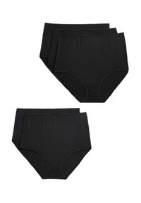 Svarta bomullsunderkläder med hög midja, featuring ett elastiskt midjeband och slät textur, presenterade i ett set av fyra par.