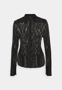 Chemise noire en dentelle avec col pointu, manches longues et motif texturé. Dotée d'une fermeture à boutons sur toute la longueur à l'avant et de poignets.