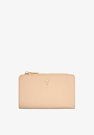 Beżowy portfel z teksturowanej skóry, z złotym suwakiem i małym złotym logo tukana umieszczonym na środku przodu.