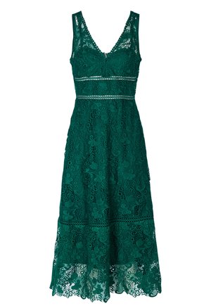 Mouwloze groene kanten midijurk met bloemmotieven, V-hals, nauwsluitend lijfje en uitlopende rok met transparante kanten zoom.