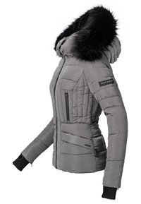Gray padded jacket with a detachable black fur hood, zippered pockets, ribbed cuffs, and textured paneling for fitted shape.