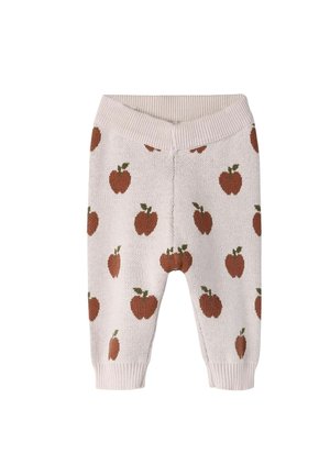 Pantalon tricoté beige clair pour bébé avec motifs de pommes rouges et poignets et ceinture côtelés.