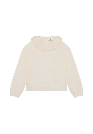 Off-white peuter top met lange mouwen, een gerimpelde ooglet kanten kraag en elastische manchetten, knoopsluiting aan de achterkant van de hals.