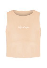 Meruňkový crop top vyrobený z měkkého materiálu, s kulatým výstřihem a bílým kurzivním nápisem "Smilodon" na přední straně.