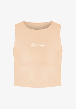 Abendfarvet crop top lavet af blødt stof, med rund halsudskæring og "Smilodon" trykt i hvid kursiv på forsiden.