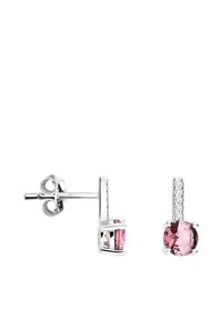 Silberne Steckerohrringe mit runden rosa Edelsteinen, akzentuiert mit kleinen klaren Steinen in einem modernen Design. Glatte Oberfläche und polierte Fertigung.