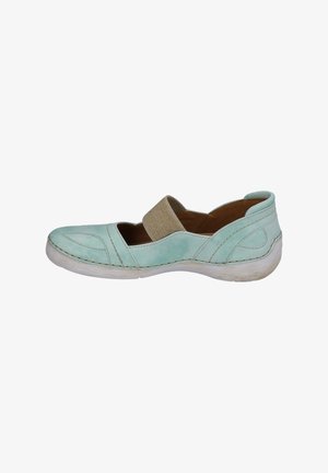 A mint green shoe with a textured upper, closed toe, and elastic band. Features white stitching and a lightweight sole, offering a casual design.