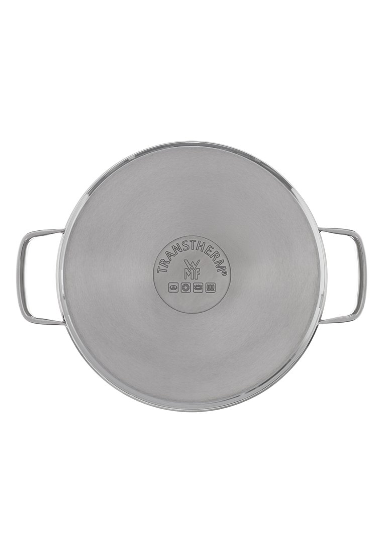 Pot en acier inoxydable rond avec des poignées latérales doubles, texture lisse, et un logo central. Pas de couvercle ni de surface de cuisson visible.