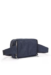 Navy blue fabric bag with rectangular shape, zippered closure, and adjustable straps on sides. Smooth texture, minimalistic design, no visible patterns.