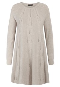 Robe tricotée beige à manches longues avec un col rond et un détail en motif vertical sur le devant, avec des poignets côtelés et un ourlet évasé.