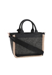 Grå tygväska med svarta läderdetaljer, korta handtag och ett avtagbart axelrem. Har en beige texturerad kant.