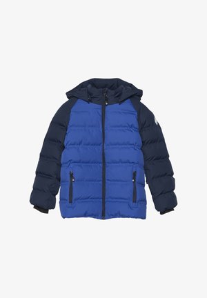 Padded jacket featuring a blue body with dark navy sleeves, a hood, front zip closure, and side pockets. Smooth texture, quilted design.