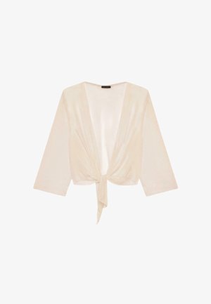 Light beige cropped cardigan with a tie front, featuring three-quarter sleeves and a soft, sheer texture.