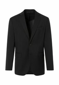 Zwarte blazer met een geknipte kraag, enkele knoop sluiting, twee voorste klepzakken en een gladde textuur. Geen zichtbare patronen of versieringen.