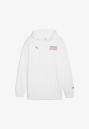 Valge kapuutsiga sviiter, mis on valmistatud pehmest kangast, sisaldab eesmist taskut, kapuutsi ning punase brändingu detailiga "Formula 1 Drive to Survive" rinnal.