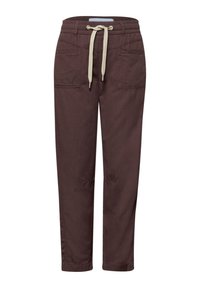 Braune Freizeithose mit elastischem Bund, beigeem Kordelzug, zwei aufgesetzten Fronttaschen und lockerem Schnitt.