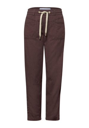 Pantalon décontracté marron avec une taille élastique, un cordon beige, deux poches plaquées à l'avant et une coupe décontractée.