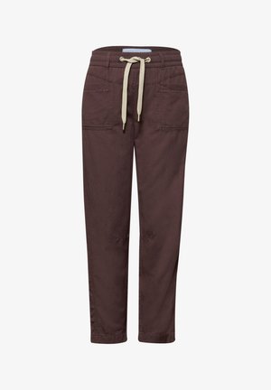 Braune Freizeithose mit elastischem Bund, beigeem Kordelzug, zwei aufgesetzten Fronttaschen und lockerem Schnitt.