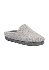 Chausson gris en feutrine avec une tige douce et texturée et une semelle en feutre gris foncé. Il présente un bout arrondi et une doublure intérieure moelleuse.