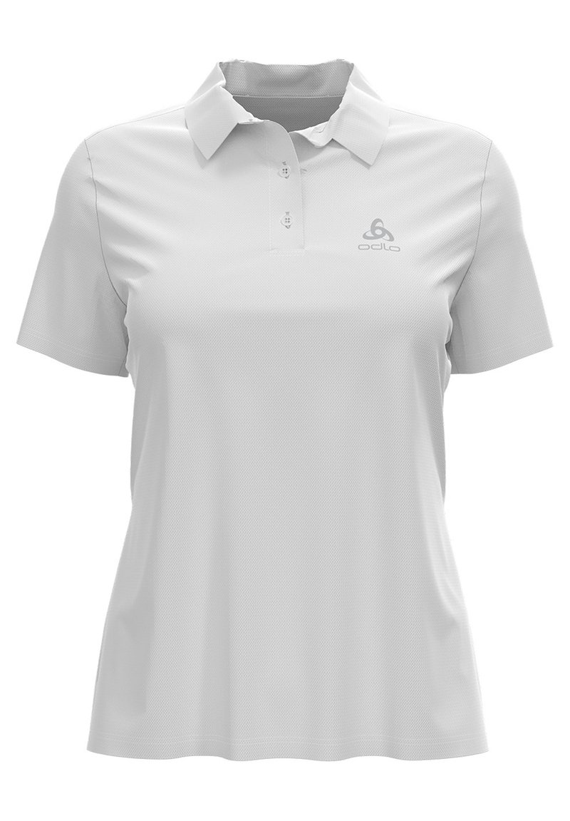 Vit polo med en texturerad tyg, korta ärmar och krage med knappar. Har en subtil logotyp i ljusgrått på bröstet.