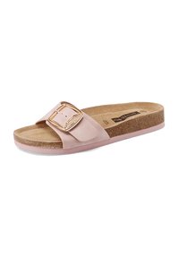 Infradito rosa chiaro con una fascia ampia, fibbia in tonalità oro e suola in sughero. Sole piatta con finitura testurizzata e interno imbottito.