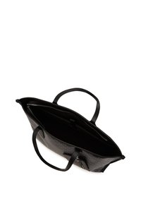 Borsa a tracolla nera con esterno testurizzato, finitura lucida, due manici, chiusura con zip sicura e un ampio interno. Design minimalista con accenti.