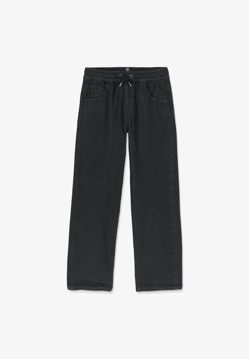 Pantaloni in denim neri con vestibilità ampia, vita elastica, cordoncino e tasche laterali. Presentano dettagli di cucitura minimi.