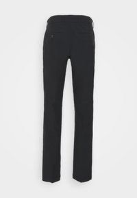 Schwarze Hose mit geradem Bein, ausgestattet mit einer glatten Textur, einem Knopfverschluss und Tasche hinten. Einfacher und funktionaler Stil.