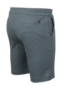 Donkergrijze shorts van gladde stof, met een elastische tailleband, zijzakken en twee achterzakken met een klein logo-detail.