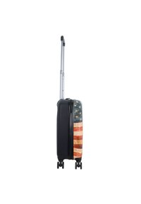 Hard-shell suitcase in black with a patterned design of red and blue stripes and stars representing the American flag. Features retractable handle and wheels.