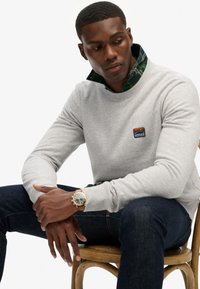 Sudadera gris con puños acanalados, que presenta un parche de logo colorido. Se asoma una camisa de cuadros verde oscuro por debajo. Jeans de mezclilla y un reloj dorado.