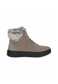 Beiga högsko sneakers i mocka, med en krage av konstgjord päls, tunna skosnören och en svart gummisula med texturerat grepp.