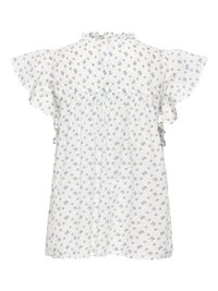 Blusa blanca de manga corta con estampado floral azul, cuello con volantes y corte holgado, fotografiada desde atrás.
