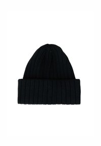 Cappello beanie nero lavorato a maglia con una texture a coste, caratterizzato da un risvolto e una parte superiore arrotondata. Realizzato in materiale morbido ed elastico.