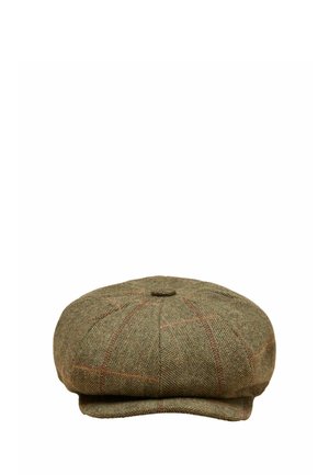 Cappello piatto in tweed marrone con motivo a quadri rosso e arancione delicato e un piccolo bottone sopra.
