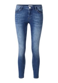 Jeans skinny in denim blu, con una finitura sbiadita, tasche frontali e chiusura a bottone metallico in vita.
