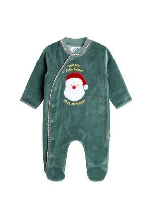 Grüner Velours-Overall mit langen Ärmeln und Füßlingen. Mit rot-weißen gestreiften Besätzen, gesticktem Weihnachtsmann-Motiv und dem Text "Santa's little helper".