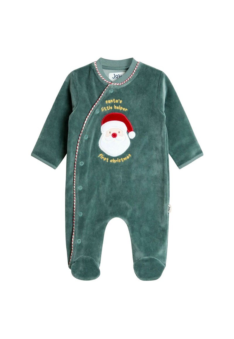 Completo di velluto verde con maniche lunghe e piedi. Presenta rifiniture a righe rosse e bianche, un design ricamato di Babbo Natale e la scritta "L'aiutante di Babbo Natale".