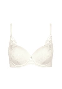 Witte bh met bloemenkantdetails op de cups, ondersteuning met beugels, verstelbare schouderbandjes en een decoratieve accent in het midden. Gladde textuur.