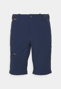 Marinblå herrshorts med dragkedjeförsedda sidofickor, knäppning och dragkedja, justerbara midjeband och uppvikt fåll.