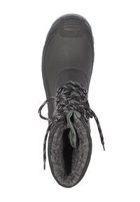 Zwarte waterdichte laars met een stevige rubberen buitenkant, textuur oppervlak, vetersluiting aan de voorkant, grijze voering en een versterkte neus.